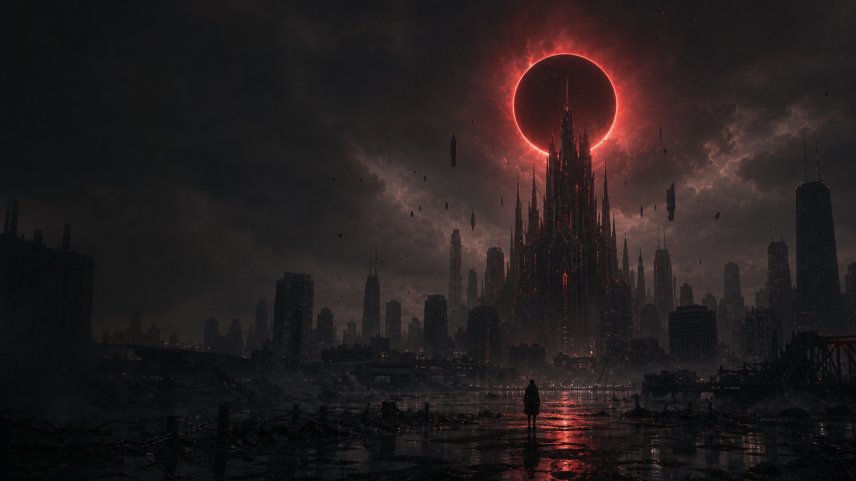 A lone figure faces a transformed Chicago beneath a red eclipse