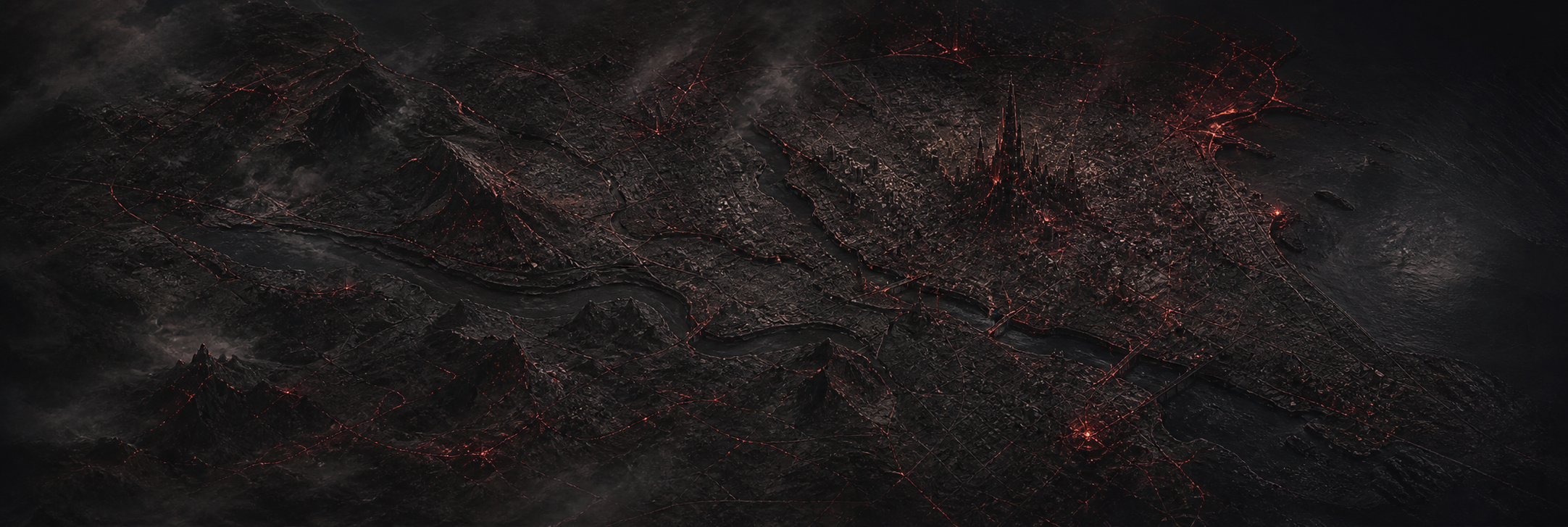 A dark map-like view of the fractured city